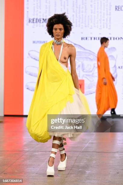 Model walks the runway at the Pam Hogg show during London Fashion Week September 2023 at the Protein Studios on September 17, 2023 in London, England.