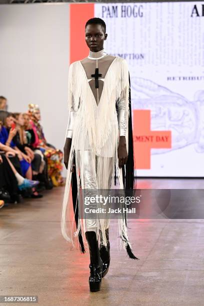 Model walks the runway at the Pam Hogg show during London Fashion Week September 2023 at the Protein Studios on September 17, 2023 in London, England.