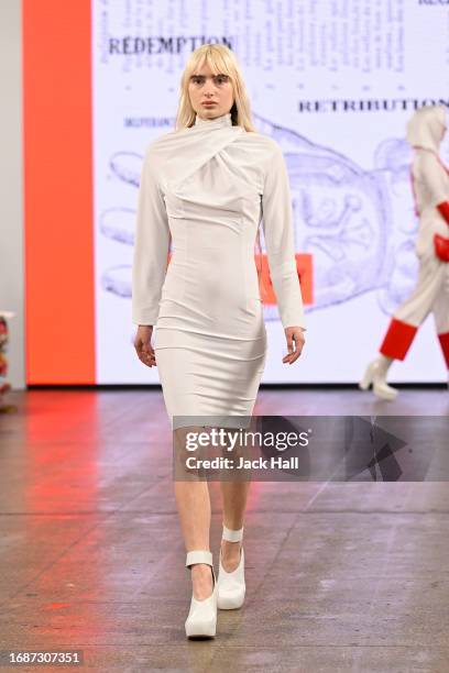 Model walks the runway at the Pam Hogg show during London Fashion Week September 2023 at the Protein Studios on September 17, 2023 in London, England.