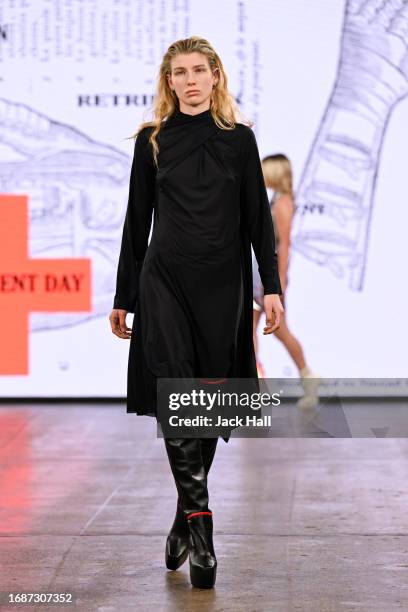 Model walks the runway at the Pam Hogg show during London Fashion Week September 2023 at the Protein Studios on September 17, 2023 in London, England.