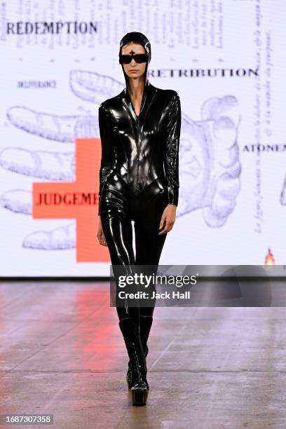 Model walks the runway at the Pam Hogg show during London Fashion Week September 2023 at the Protein Studios on September 17, 2023 in London, England.