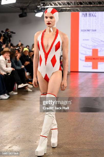 Model walks the runway at the Pam Hogg show during London Fashion Week September 2023 at the Protein Studios on September 17, 2023 in London, England.