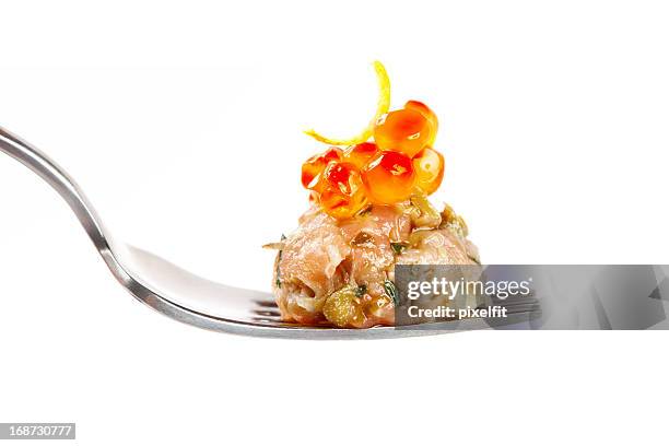 smoked salmon tartare with wild caviar - red caviar stock pictures, royalty-free photos & images