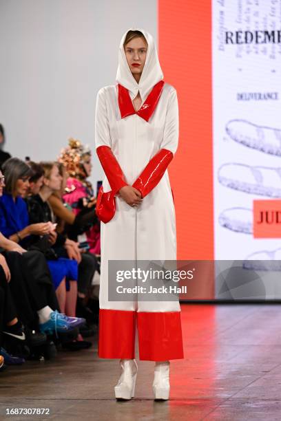 Model walks the runway at the Pam Hogg show during London Fashion Week September 2023 at the Protein Studios on September 17, 2023 in London, England.