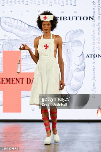 Model walks the runway at the Pam Hogg show during London Fashion Week September 2023 at the Protein Studios on September 17, 2023 in London, England.