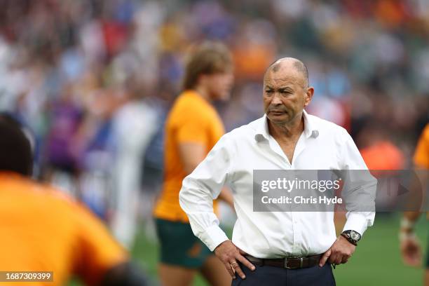 Head Coach, Eddie Jones looks on during the Rugby World Cup France 2023 match between Australia and Fiji at Stade Geoffroy-Guichard on September 17,...