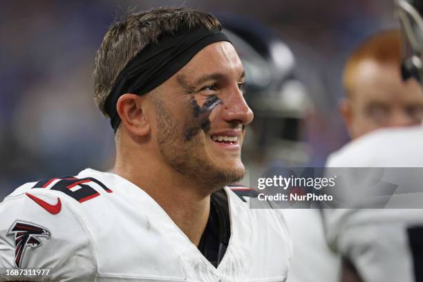 Atlanta Falcons offensive tackle Kaleb McGary is seen during the second half of an NFL football game against the Detroit Lions in Detroit, Michigan...