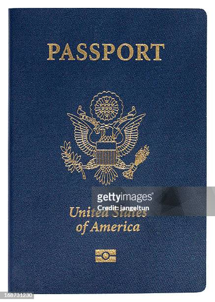 blue united states of america passport on white background - paspoort stockfoto's en -beelden