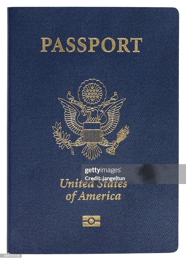 Blue United States of America passport on white background