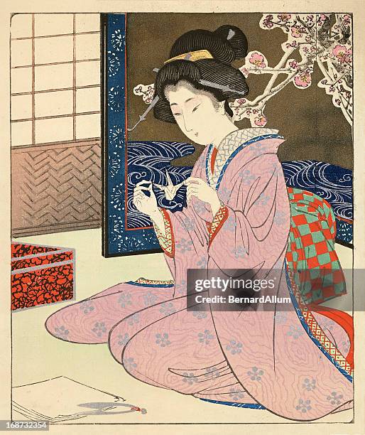 bildbanksillustrationer, clip art samt tecknat material och ikoner med japanese woodblock of a female making origami - geisha japan