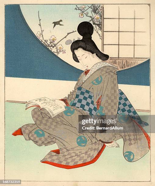 ilustrações, clipart, desenhos animados e ícones de estampa xiolográfica em japonês, mulheres leitura, ambiente interno - quimono