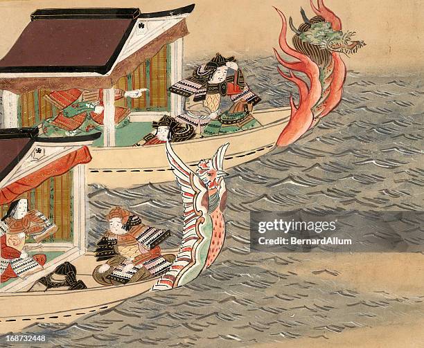 chinese dragon boats - japan wave pattern stock illustrations