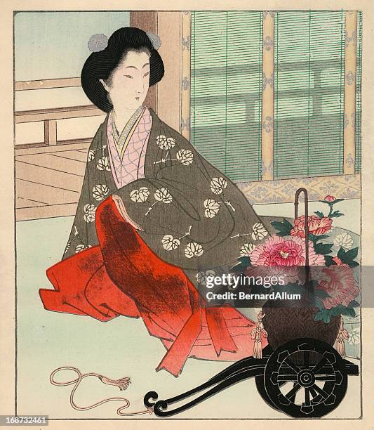 japanische holzschnitt-aufdruck, innenbereich - blass stock-grafiken, -clipart, -cartoons und -symbole