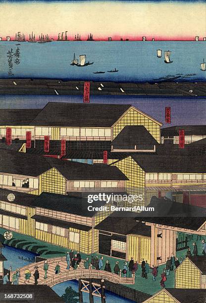 traditional japanese woodblock yokohama bay - japanese ethnicity stock illustrations