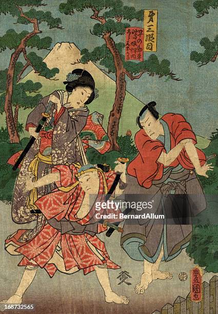 traditional japanese woodblock print of actors - japanese ethnicity stock illustrations