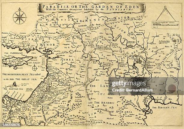 naher osten antike karte, garden of eden, 1675 - syria ancient map stock-grafiken, -clipart, -cartoons und -symbole