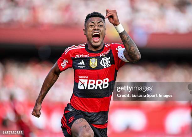 Bruno Henrique of Flamengo celebrates after scoring the team's first goal during the second leg of Copa Do Brasil 2023 final match between Sao Paulo...