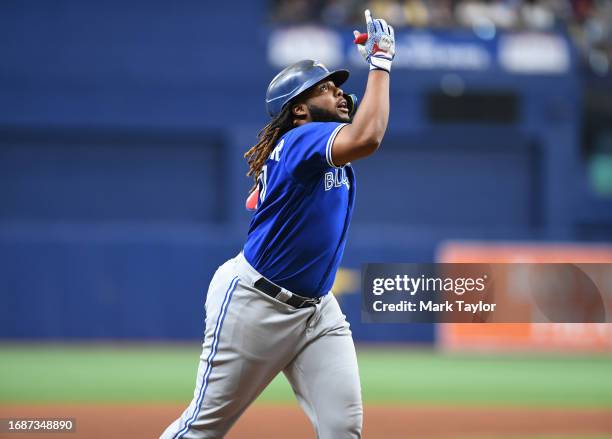 Toronto Blue Jays first baseman Vladimir Guerrero Jr. #27 celebrates a ninth inning home run agains the Tampa Bay Rays at Tropicana Field on...