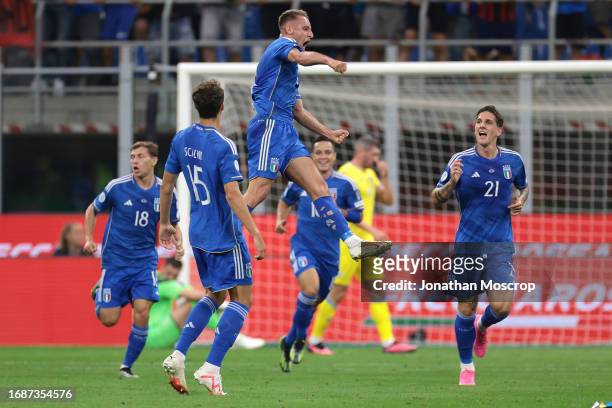 Davide Frattesi of Italy celebrates with team mates after scoring to give the side a 1-0 lead during the UEFA EURO 2024 European qualifier match...
