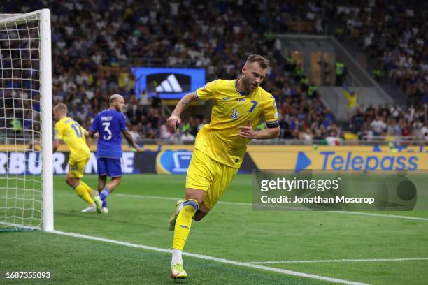 Andriy Yarmolenko of Ukraine celebrates after scoring to pull a goal back and reduce the arrears to 2-1 during the UEFA EURO 2024 European qualifier...