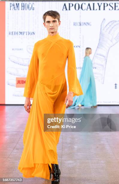 Model walks the runway at the Pam Hogg show during London Fashion Week September 2023 at the Protein Studios on September 17, 2023 in London, England.