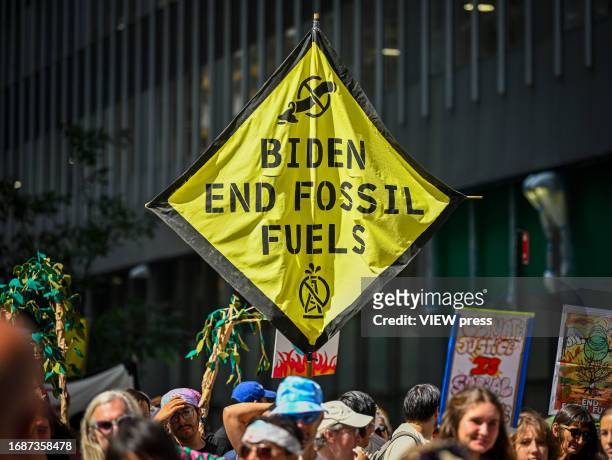 Climate activists attend the march against fossil fuels in midtown Manhattan on September 17, 2023 in New York City. The event in New York is part of...