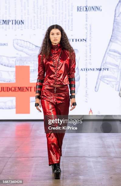 Model walks the runway at the Pam Hogg show during London Fashion Week September 2023 at the Protein Studios on September 17, 2023 in London, England.