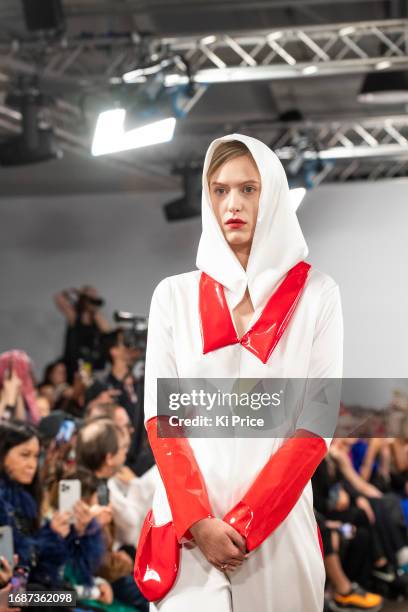 Model walks the runway at the Pam Hogg show during London Fashion Week September 2023 at the Protein Studios on September 17, 2023 in London, England.