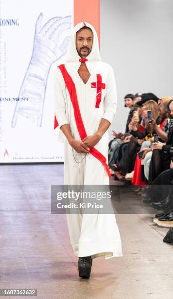 Model walks the runway at the Pam Hogg show during London Fashion Week September 2023 at the Protein Studios on September 17, 2023 in London, England.