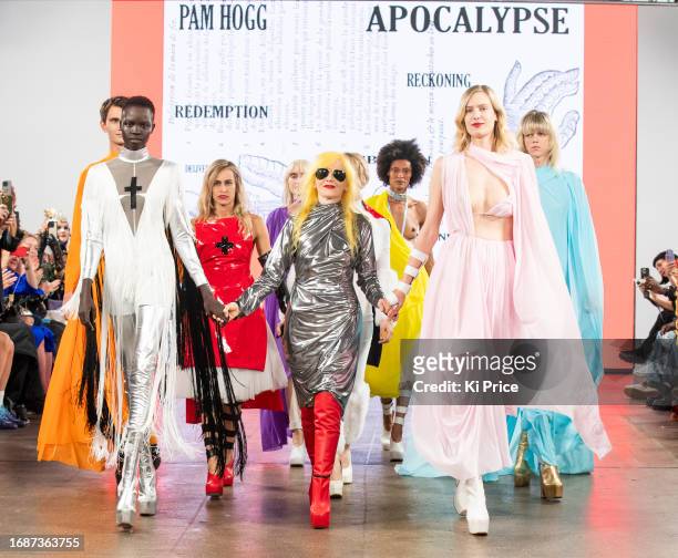 Designer Pam Hogg walks the runway at the Pam Hogg show during London Fashion Week September 2023 at the Protein Studios on September 17, 2023 in...