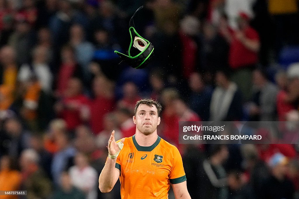 Nicholas Frost Rugby TOPSHOT - Australia's lock Nick Frost reacts at the end of the France ...