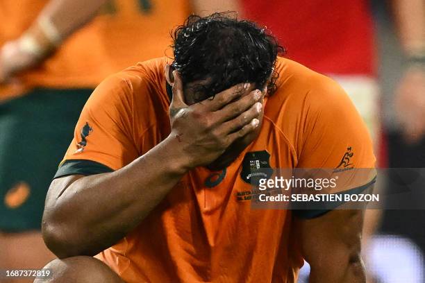 Australia's prop Pone Fa'amausili reacts at the end of the France 2023 Rugby World Cup Pool C match between Wales and Australia at the OL Stadium in...