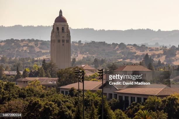 View of the campus of Stanford University including Hoover tower as seen from Stanford Stadium during an NCAA college football game between the...
