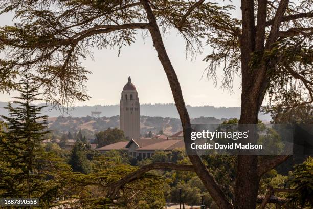View of the campus of Stanford University including Hoover tower as seen from Stanford Stadium during an NCAA college football game between the...