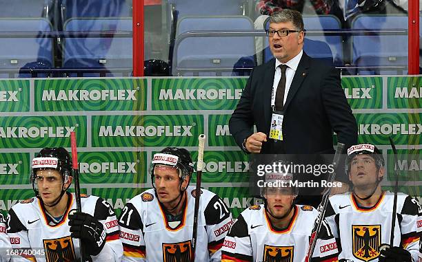 Pat Cortina, head coach of Germany reacts during the IIHF World Championship group H match between France and Germany at Hartwall Areena on May 14,...