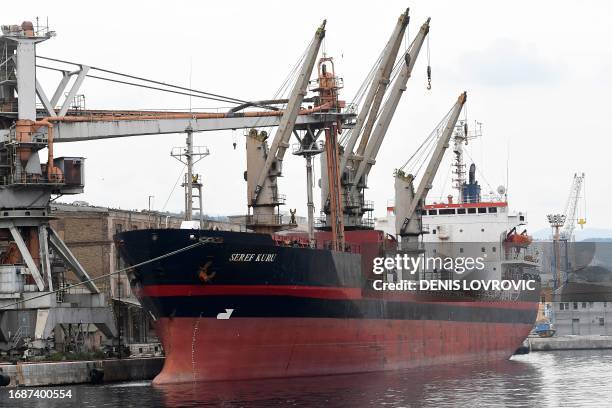 This photograph taken on September 18 shows a Turkish ship sailing under the Panamaian flag loading Ukrainian grain from silos in the port of Rijeka...