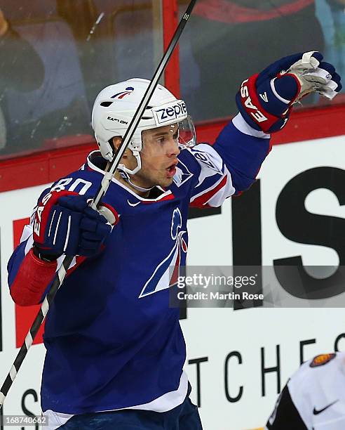 Teddy da Costa of France celebrates after he scores his team's 2nd goal during the IIHF World Championship group H match between France and Germany...