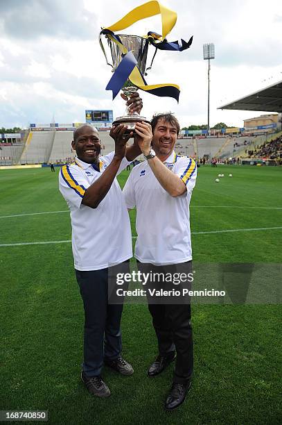 Faustino Asprilla and Alessandro Melli celebrate with the cup the twentieth anniversary of the conquest of the Cup Winner's Cup at Wembley prior to...