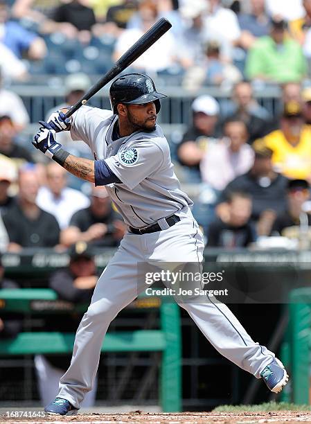 Robert Andino of the Seattle Mariners bats against the Pittsburgh Pirates on May 8, 2013 at PNC Park in Pittsburgh, Pennsylvania.