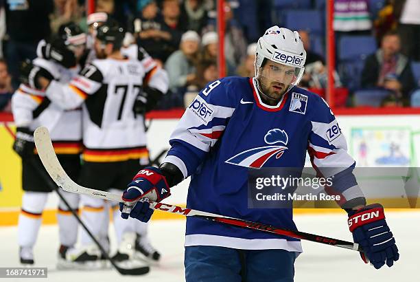 Damien Fleury of France looks dejected after the IIHF World Championship group H match between France and Germany at Hartwall Areena on May 14, 2013...