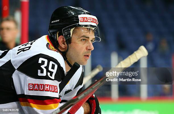 Thomas Greilinger of Germany reacts during the IIHF World Championship group H match between France and Germany at Hartwall Areena on May 14, 2013 in...
