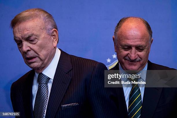 President of CBF Jose Maria Marin and Brazilian national football team coach, Luiz Felipe Scolari, during a press conference to announce the national...