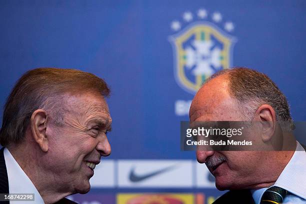 President of CBF Jose Maria Marin and Brazilian national football team coach, Luiz Felipe Scolari, during a press conference to announce the national...
