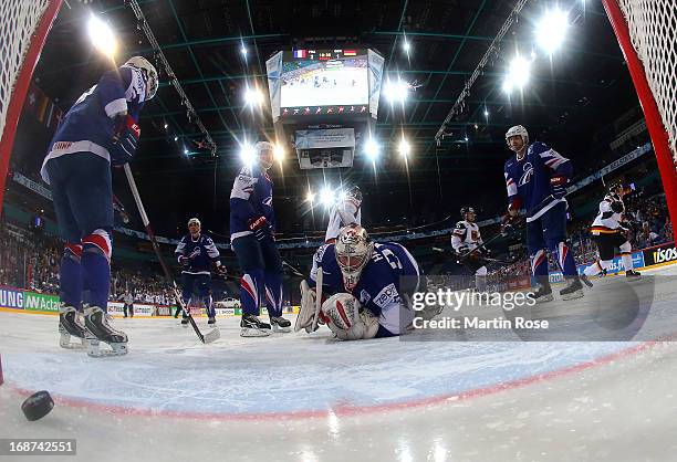 Christian Ehrhoff of Germany scores his team's winnin goal during the IIHF World Championship group H match between France and Germany at Hartwall...