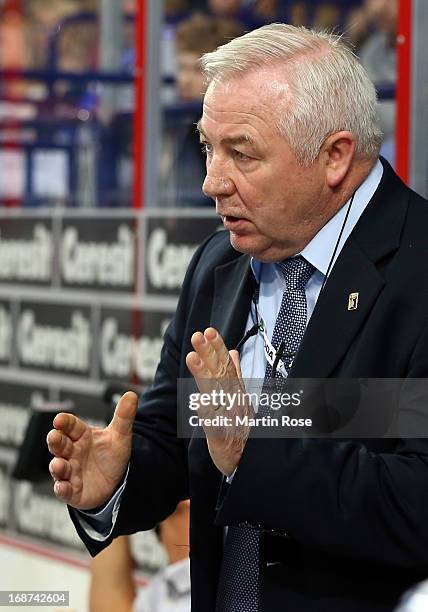 Dave Henderson, head coach of France gestures during the IIHF World Championship group H match between France and Germany at Hartwall Areena on May...