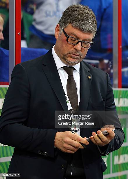Pat Cortina, head coach of Germany reacts during the IIHF World Championship group H match between France and Germany at Hartwall Areena on May 14,...