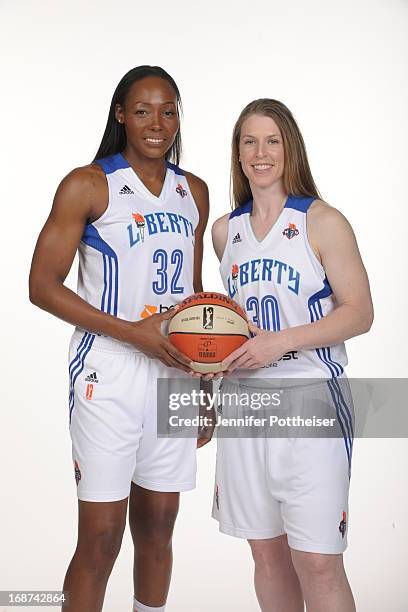 Katie Smith and Cheryl Ford of the New York Liberty pose for a photo during WNBA Media Day on May 13, 2013 at the Madison Square Garden Training...