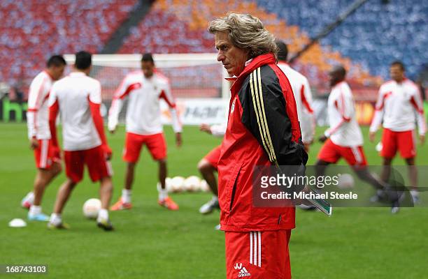 Coach Jorge Jesus of Benfica looks on during an SL Benfica training session ahead of the UEFA Europa League Final match against Chelsea at the...