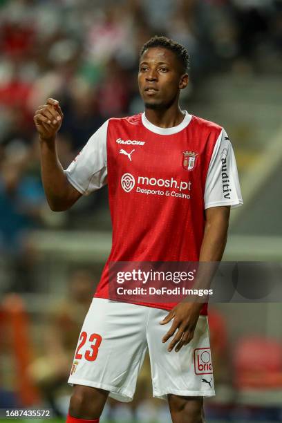 Simon Banza of Braga reacts during the Liga Portugal Bwin match between Sporting Braga and Boavista at Estadio Municipal de Braga on September 24,...