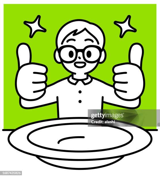 a boy with horn-rimmed glasses sitting down to a meal, in front of a big empty plate, giving a thumbs up with both hands, looking at the viewer, minimalist style, black and white outline - breakfast with view stock illustrations